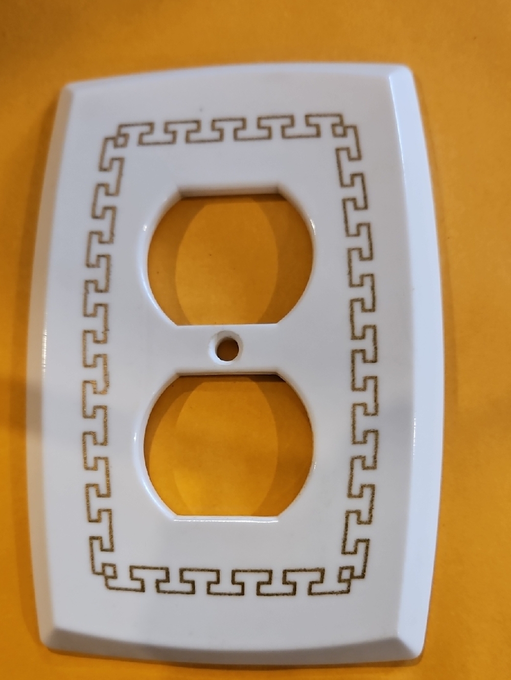 White Decorative Double Outlet Cover with Gold Greek Key Border